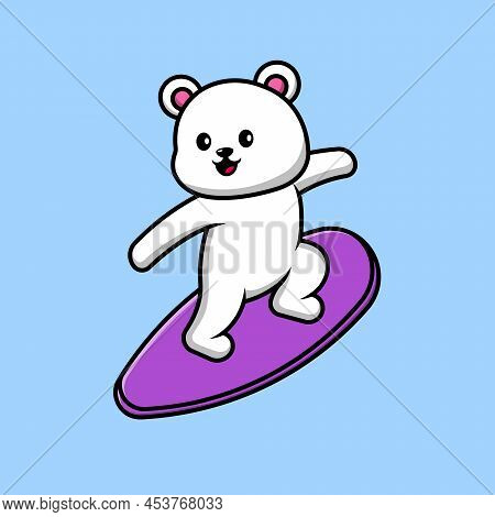 Cute Polar Bear Surfing Cartoon Vector Icon Illustration. Animal Sport Icon Concept Isolated Premium