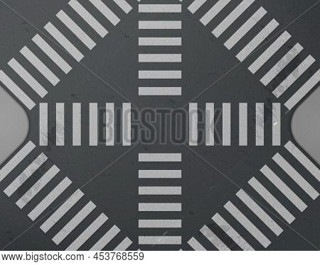 Road Intersection With Crosswalk Top View. Vector Realistic Background With White Zebra Lines Road M