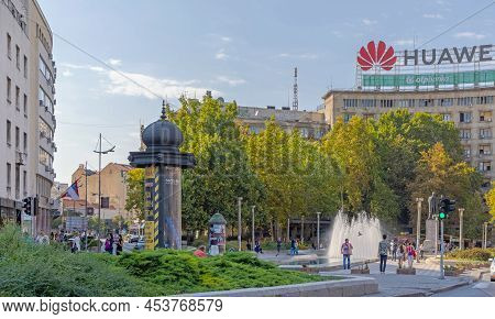 Belgrade, Serbia - September 06, 2021: Big Water Fountain At Nikola Pasic Square Summer Day.