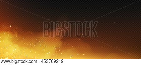 Fire Sparks With Smoke Border, Flying Up Particles And Embers. Vector Realistic Heat And Glow Effect