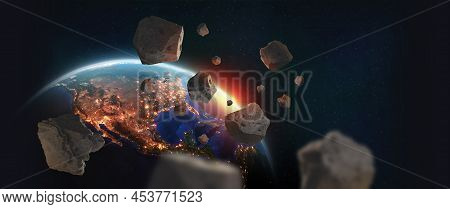 Deep Space. Asteroids Near Planet Earth. Continent North America. A View Of Globe From Space. Elemen