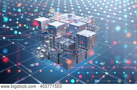 Disco Cyber Club 3d Illustration. Blockchain Structure Information Clusters. Big Data Cyber Security