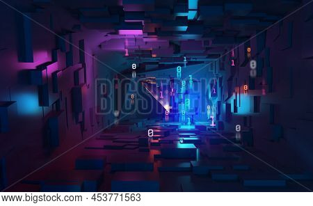 Neon Light, Ultraviolet. Cyberspace And Virtual Reality 3d Illustration. Inside Spacecraft. Fantasti