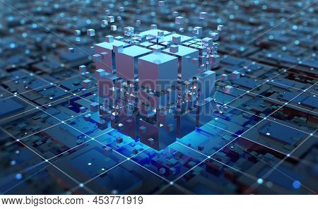Blockchain In Global Digital Network, Quantum Computer, Nanotechnological Circuit, High-tech Process