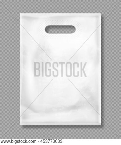White Plastic Bag Isolated On Transparent Background. Vector Mockup Of Blank Packet With Handles, Em