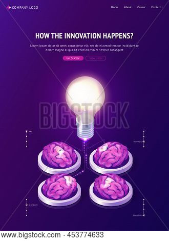 Brainstorm Idea Isometric Landing Page. Human Brains Connected With Huge Glowing Light Bulb Generate
