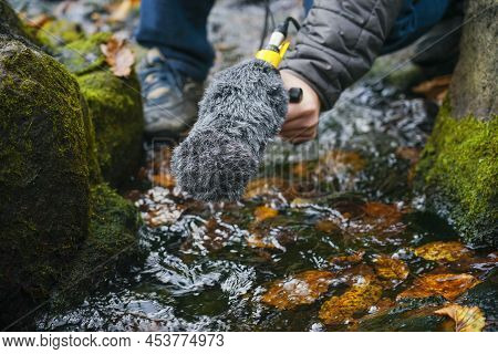 The Guy Is Holding A Microphone Gun In His Hand. Recording Nature Sounds. Hand Holds A Microphone Gu