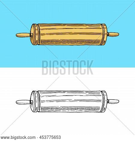 Wooden Rolling Pin For Dough. Hand Drawn Sketch In Vintage Doodle Style.