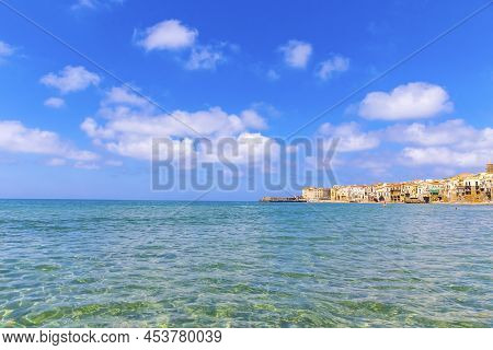 View Of Cefalu Beach, Cefalu Town, Sicily, Italy. Cefalu Has A Long And Lovely Beach With Clean, Gol