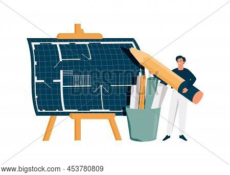Architectural Designer Design House Or Flat Plan On Computer. Architect Workplace Or Studio Banner. 