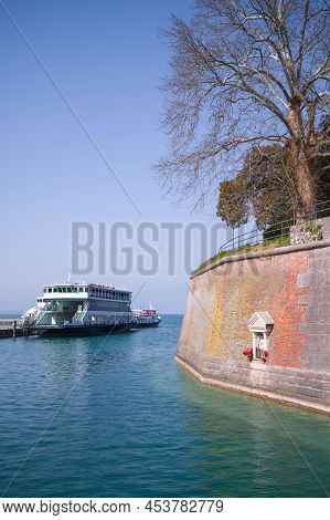 Italy, Peschiera Del Garda, The Harbor On The Garda Lake With The Ancient Fortified Walls Of The Tow