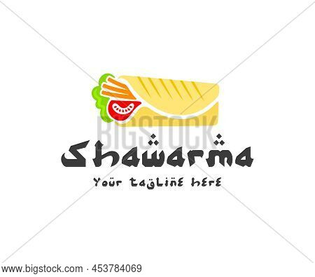 Shawarma Sandwich, Gyro And Doner Kebab, Logo Design. Roll Of Lavash With Meat And Vegetables, Fast 