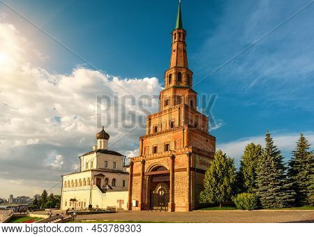Kazan Kremlin In Summer, Tatarstan, Russia. Sunny View Of Old Leaning Suyumbike Tower, City Landmark