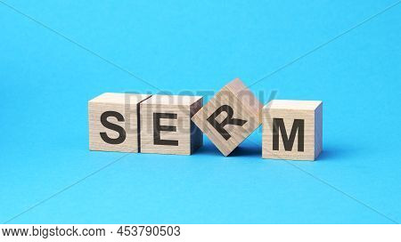 Serm - Word Is Written On Wooden Cubes Close-up, 3d. Bright Blue Background, Financial Business Conc