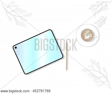 Tablet Computer With A Cup Of Coffee. The Tablet For Work, Drawing, Designing, Modeling At Any Time 