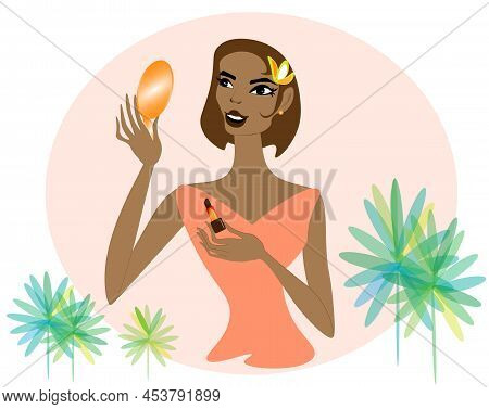 Charming Lady With The Mirror. Beautiful Lady Looks In The Mirror Painting Her Lips And Thinks What 