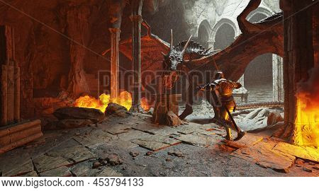 Fantasy Battle Scene With Dragon Attacking Medieval Knight 3d Illustration