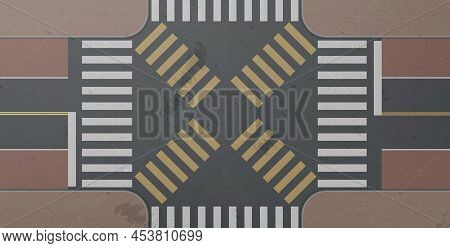 Zebra, Road Intersection Top View. Crosswalk With White And Yellow Lines Marking On Gray Asphalt And