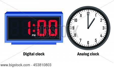 Digital Clock And Analog Clock Time 01.00, Vector