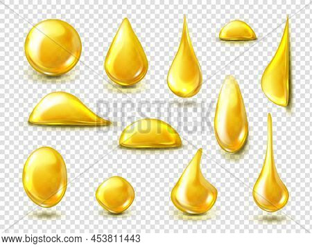 Golden Drops Of Oil Or Honey Isolated On Transparent Background. Vector Realistic Mockup Of Liquid Y