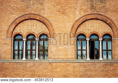 Treviso Downtown. Closeup Of The Medieval Palace Called, Palazzo Dei Trecento Or Palazzo Della Ragio