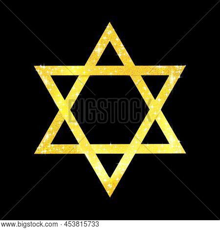 Golden Texture Crumbs, Art Icon David Star. Judaism Religious Symbol, Gold Sign Isolated On Black. J
