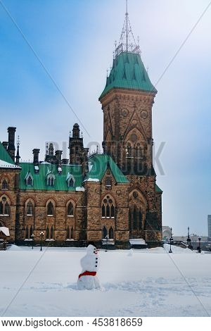 Snowman Before Canadian Parliament Building In Ottawa