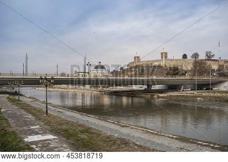 Skopje - North Macedonia - December 2018: View Of Vardar River And Skopje Kale Castle.
