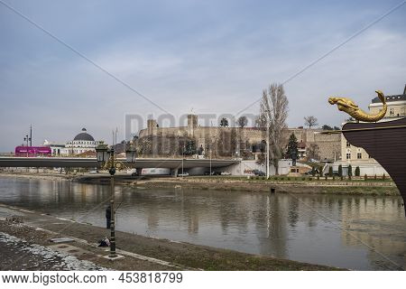 Skopje - North Macedonia - December 2018: View Of Vardar River And Skopje Kale Castle.