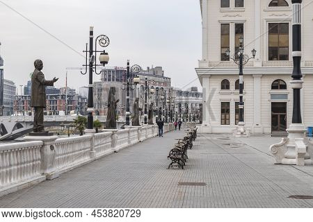 Skopje, North Macedonia - December 2018: View Of Dimitar Valhov Walk.