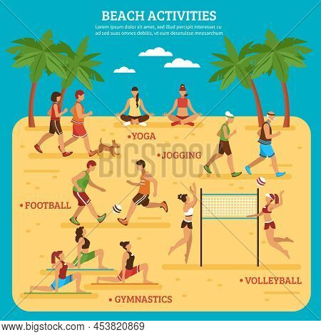 Beach Activities Infographics With People Sport Games And Bodily Exercises On Blue Background Flat S