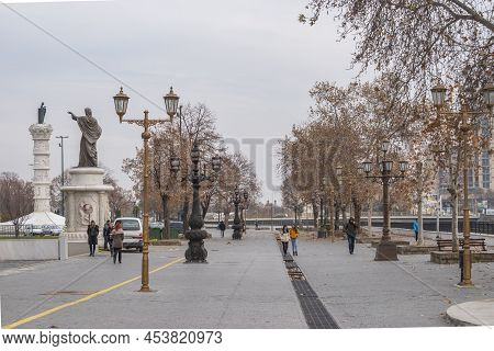 Skopje, North Macedonia - December 2018: View Of Dimitar Valhov Walk.