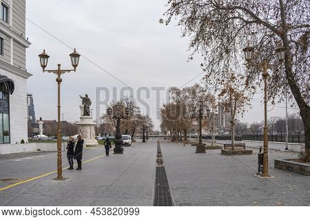 Skopje, North Macedonia - December 2018: View Of Dimitar Valhov Walk.