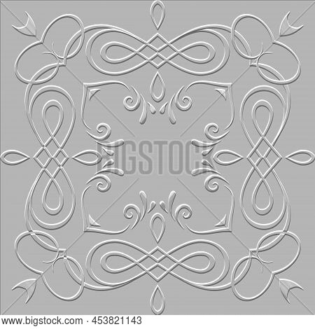 Vintage Calligraphic Style 3d Emboss Frame. Surface Lines Seamless Pattern. Light Background With Re