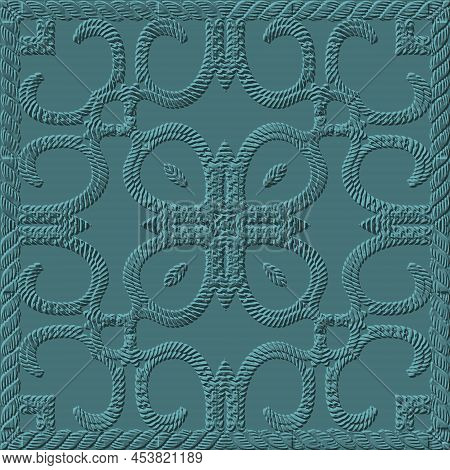 Textured Square Frame. 3d Twisted Ropes Seamless Pattern. Tapestry Emboss Floral Vector Background. 