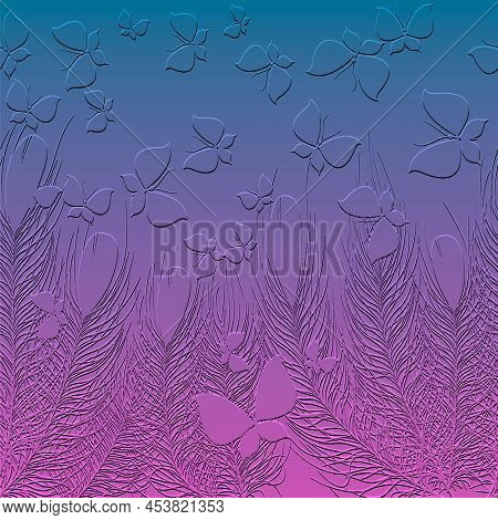 Emboss Flying Butterflies 3d Seamless Pattern. Textured Floral Vector Background. Grunge Repeat Surf