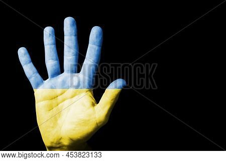 Stop The War Background. Stop Gesture Open Hand. Ukraine Flag. Grunge Industrial War Background. Blu