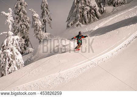 View On Active Snowboarder In Bright Multicolored Overall Riding Down On Splitboard Splashing Snow.