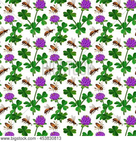 Pattern With Bees And Clover.colored Vector Pattern With Bees And Clover On A Transparent Background