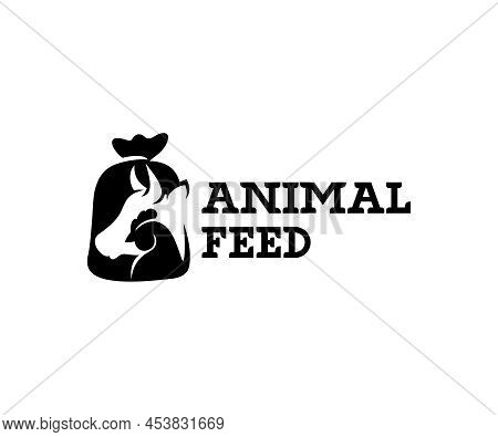 Animal Feed And Pet Food, Cow, Chicken In Burlap Pouch Sack Bag, Logo Design. Food For Cattle, Lives
