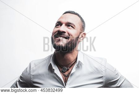 Happy Man Smiling. Isolated On White. Confidence Charisma. Beard Care Of Unshaven Man. Macho Man In 