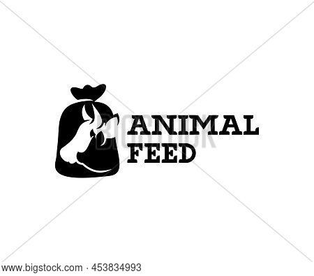 Animal Feed And Pet Food, Cow, Pig In Burlap Pouch Sack Bag, Logo Design. Food For Cattle, Livestock