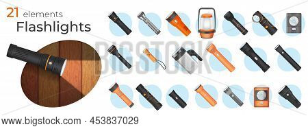 Flashlight Realistic Set With 21 Portable Electric Lights Of Different Size And Shape Isolated On Wh