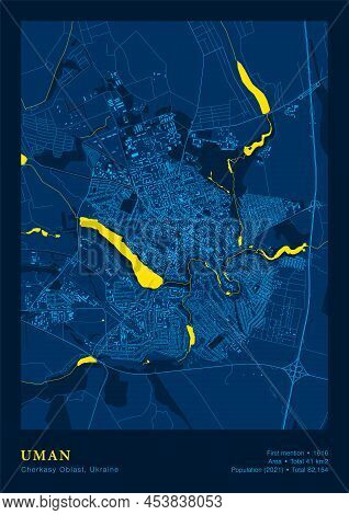 Town Uman Cherkasy Oblast Ukraine Vector Poster Highly Detailed Map In Patriotic National Yellow Blu