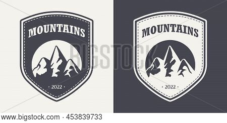 Vector Ventage Labels With Hand Drawn Mountains. 2022. Illustration For Ski Resort, Hiking, Climbing