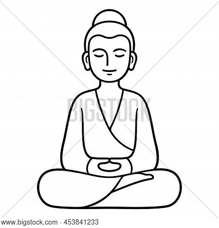 Simple And Minimal Buddha Statue Sitting In Meditation, Zen Buddhist Tradition. Black And White Line