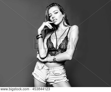 Girl In The Bra. Young Woman With Sexy Body In Black Lingerie.