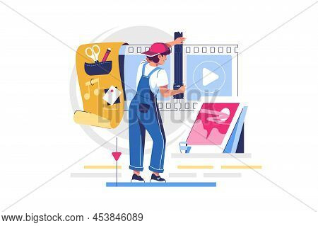 Video Editing Or Video Production And Montage Vector Illustration. Video Editing Tutorial Design Fla