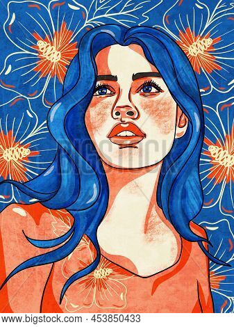 Abstract Modern Woman Portrait. Women Empowerment. A Girl Looking Up At The Sky With Flowers In The 