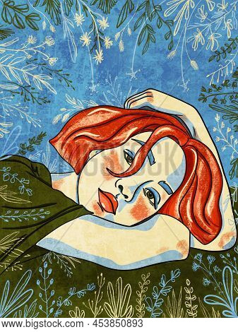 Girl Lying On The Grass Surrounded By Plants. Abstract Modern Woman Portrait. Women Empowerment. Min